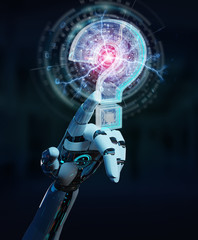Cyborg solving problem with digital question marks 3D rendering