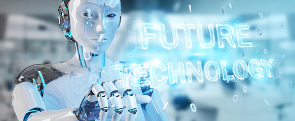 White woman robot using future technology text hologram 3D rendering