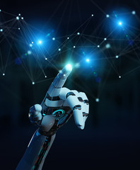 White robot hand using digital network connection 3D rendering