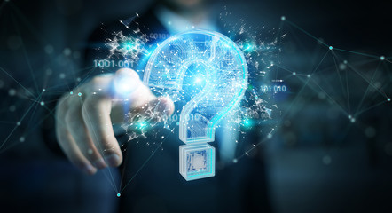 Businessman solving problem with digital question marks 3D rendering