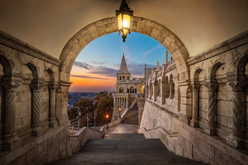 Budapest, Hungary - View on the ancient Fisherman's Bastion (Halaszbastya) at sunrise with...