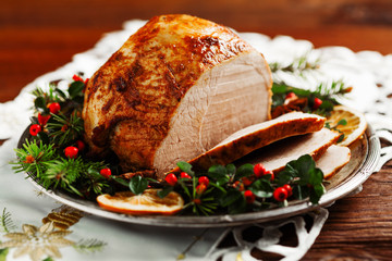 Christmas baked ham, served on the old plate.