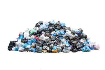 Big pile of garbage in black blue trash bags isolated on white background. Ecology concept. Pollution environment disaster