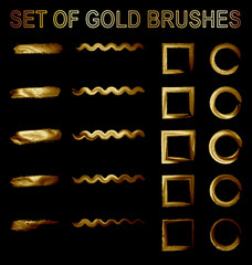 set of golden brushes with examples of application in the form of a wavy line, circle and square