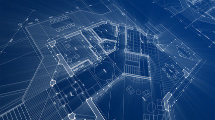 Fototapeta premium Architecture design: blueprint plan - illustration of a plan modern residential building / technology, industry, business concept illustration: real estate, building, construction, architecture
