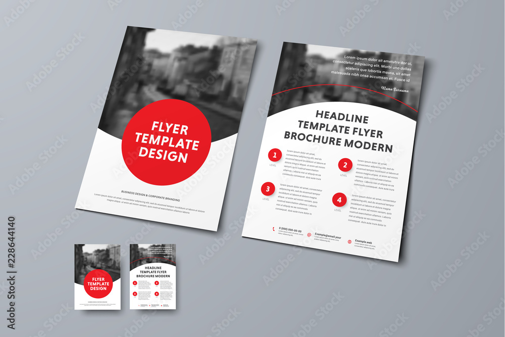 Poster vector flyer template with round red elements and place for photo.