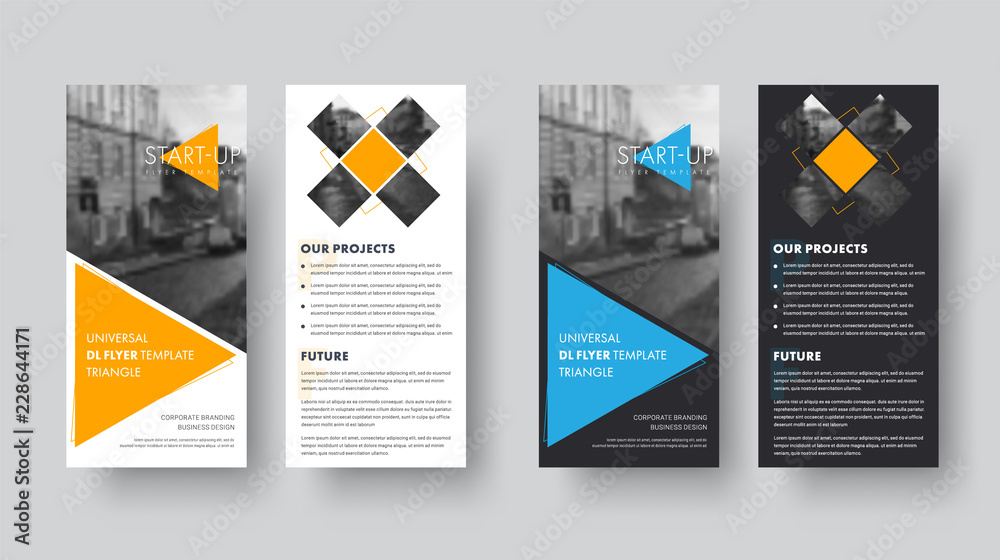 Poster dl vector flyer template with orange and blue triangles and space for photo.