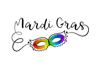 Mardi Gras. Carnival greeting card with elegant rainbow mask. Creative outline design. Vector illustration.
