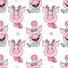 Seamless pattern of funny pigs with emotions of joy and embarrassment