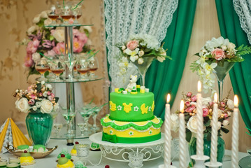 A buffet of sweets on the table in the restaurant