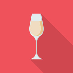 The glass of champagne flat icon with long shadow isolated on red background. Simple alcoholic drink in flat style, vector illustration.