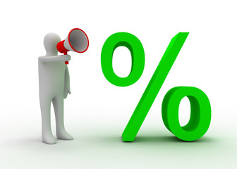 3d man with megaphone and percent symbol