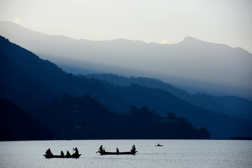 lake Pewa, Pokhara, Nepal at dusk