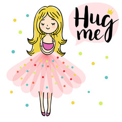 Cute little girl is cuddeling yourself. Hug me text. Vector isolated illustration