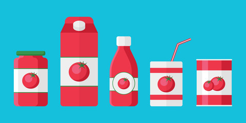 Big Set of tomato products in flat style isolated on blue background. Collection of tomato paste, ketchup and juice vector illustration for web and mobile design.