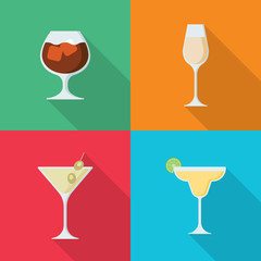 Set of alcoholic drinks in flat style isolated on colorful background. Collection of whiskey, champagne, Martini and Margarita vector illustration for web and mobile design.