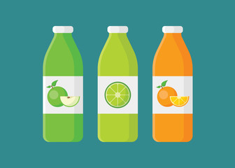 Fototapeta premium Set of natural juices in glass bottles in flat style with long shadow isolated on blue background. Collection of apple, lemon and orange juice bottles vector illustration for design.