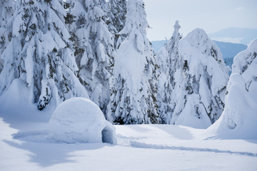 Fototapeta na wymiar Winter mountain vacations with a snow igloo