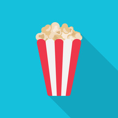 Simple Popcorn flat icon isolated on blue background. Cinema design elements in flat style vector illustration.