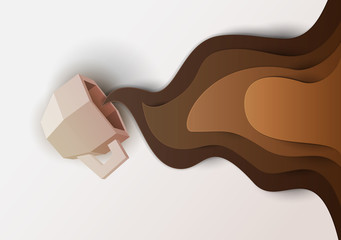 3d vector paper cut coffee composition with mug. Cartoon art illustration in minimalistic craft carving style. Modern layout colorful concept for background banner, cover, poster, card.