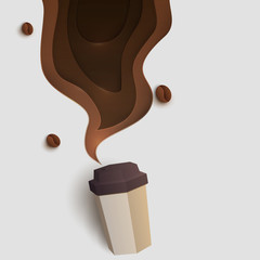 3d vector paper cut coffee composition with mug and beans. Cartoon art illustration in minimalistic craft carving style. Modern layout colorful concept for background banner, cover, poster, card.