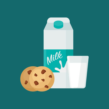 Vector illustration of milk package, glass and cookies isolated on blue background. Vector illustration for banners, posters and restaurant menu.