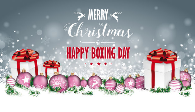 Gray Christmas Header Gifts Snowflakes Pink Baubles Boxing Day