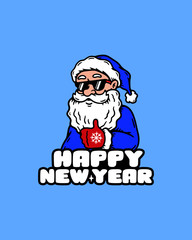 SANTA CLAUS IN SUNGLASSES LIKE SIGN NEW YEAR POSTCARD BLUE BACKGROUND