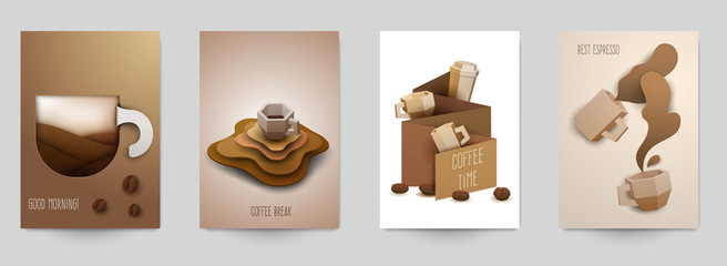 Set of coffee composition in minimalistic paper cut style. Design template for branding shop or cafe invitation, business card, menu page, banner, flyer. Vector illustration.