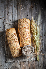 Top view of homemade ciabatta buns with sunflowers seeds