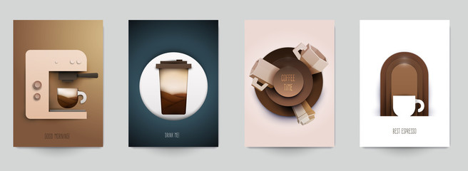 Set of coffee composition in minimalistic paper cut style. Design template for branding shop or cafe invitation, business card, menu page, banner, flyer. Vector illustration.