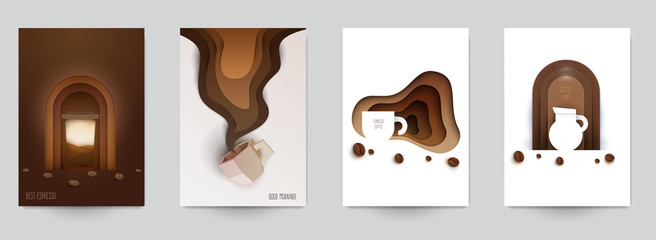 Set of coffee composition in minimalistic paper cut style. Design template for branding shop or cafe invitation, business card, menu page, banner, flyer. Vector illustration.
