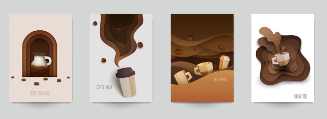 Set of coffee composition in minimalistic paper cut style. Design template for branding shop or cafe invitation, business card, menu page, banner, flyer. Vector illustration.
