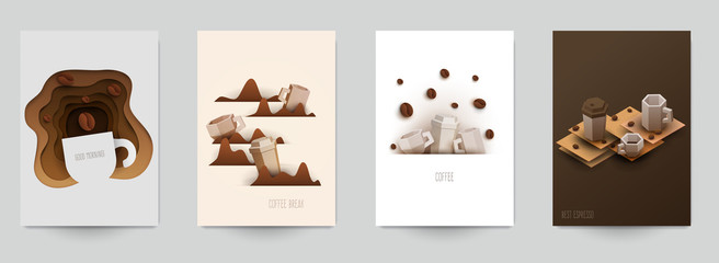 Set of coffee composition in minimalistic paper cut style. Design template for branding shop or cafe invitation, business card, menu page, banner, flyer. Vector illustration.