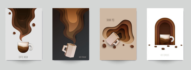 Set of coffee composition in minimalistic paper cut style. Design template for branding shop or cafe invitation, business card, menu page, banner, flyer. Vector illustration. - obrazy, fototapety, plakaty