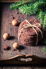 Traditionally chocolate cookies with nuts and spruce