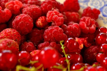 Raspberries, red currants and strawberries