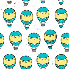 Vector seamless pattern with hot air balloon. Hand drawn style