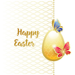Happy Easter. Elegant greeting card with golden butterflies and yellow easter egg. Vector illustration.