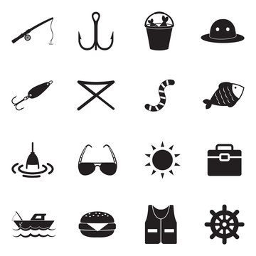 Fishing Icons. Black Flat Design. Vector Illustration.