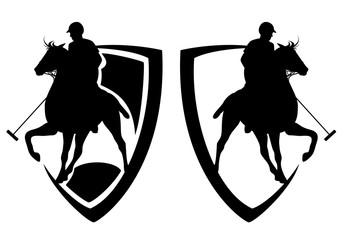 polo player riding a horse - heraldic shield and horseman black and white vector design