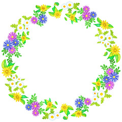 水彩風の花のサークルフレーム(ノースポール,アフリカンデージー,メランポジウム)