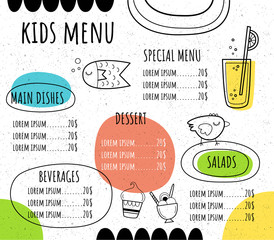 Children's menu in a hand-drawn style. Cute fish, chicken, lemonade and sweets - 228651176