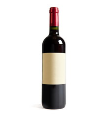 Red wine bottle, with real paper blank label. Isolated on white.
