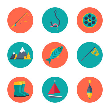 Set of Fishing icons in flat style isolated on blue and orange background. Collection of Fish, Mountains, Fishing rod, Worm on a hook, Float, Rubber boots, Fishing net, and boat vector illustration.