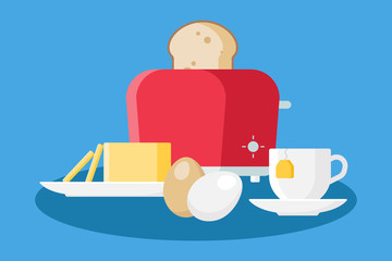Breakfast elements set in flat style isolated on blue background. Collection of Simple toaster with bread, butter, eggs and cup of tea flat designed style. Breakfast time vector illustration.
