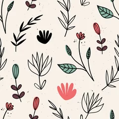 Tapeten Vektornahtloses Muster mit Blumen. Skandinavische Motive. Handgezeichneter Stil © Olga