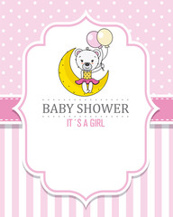baby shower girl. cute bear sitting on the moon. space for text