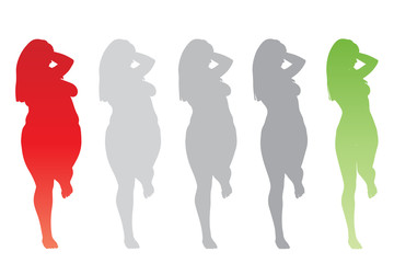 Vector conceptual fat overweight obese female vs slim fit healthy body after weight loss or diet with muscles thin young woman isolated. Fitness, nutrition or fatness obesity, health silhouette shape