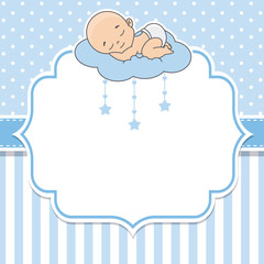 baby shower boy. baby boy sleeping on the cloud.Space for text